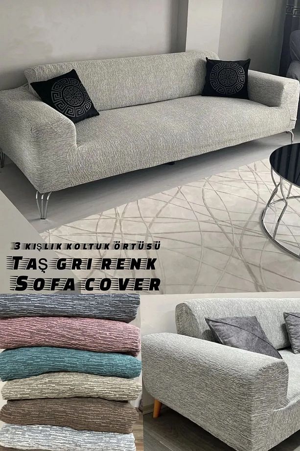 HAN SARAY Düz Jakarlı 3 Kişilik Gri Kanepe Örtüsü | Lastikli Koltuk Örtüsü |çekyat Örtüsü| - 2