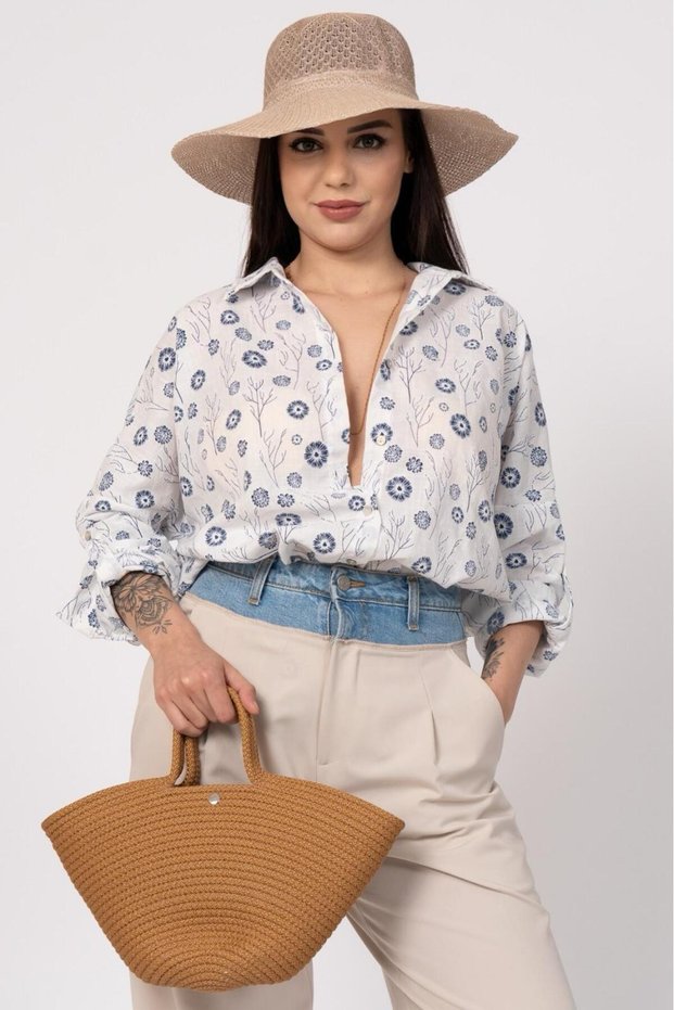 Women's Summer Navy Blue Floral Patterned Sleeve Folded Shirt 2857