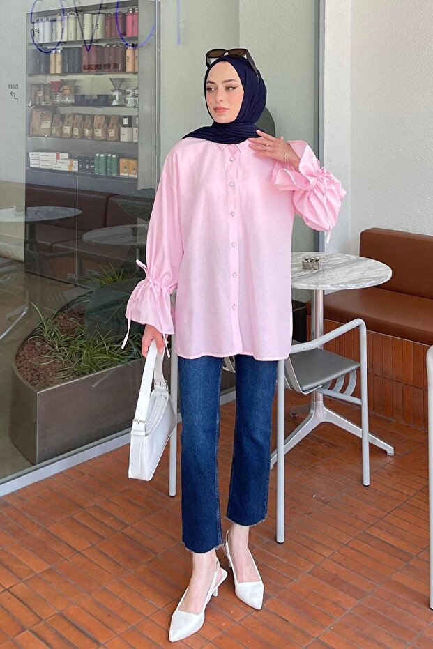 Sleeve Tunnel Rope Detailed Shirt Candy Pink