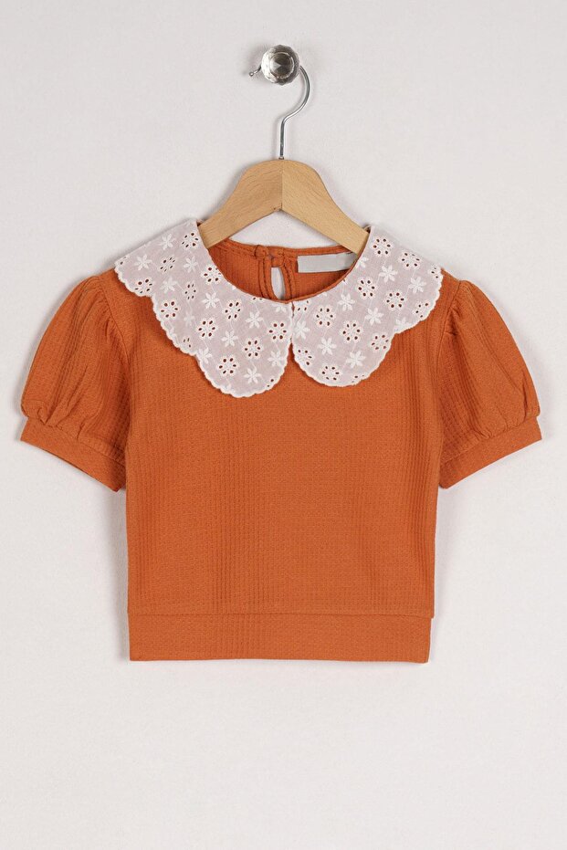 Baby Collar Lace Mini Checkered Brick Color Girl's Tshirt