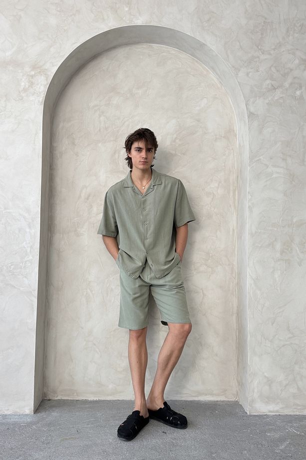 Erkek Oversize Keten Gömlek Şort Takım - 5