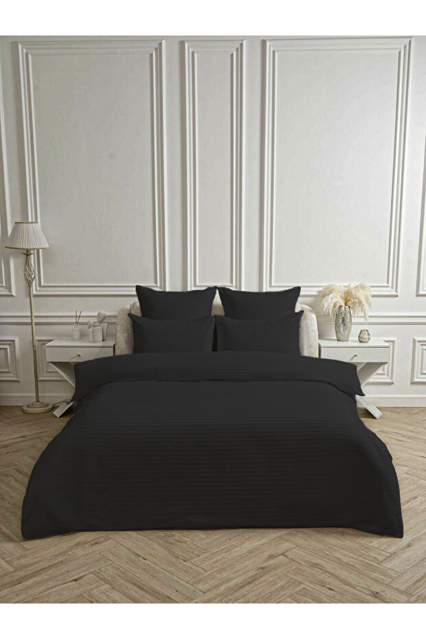 Line Black Cotton Satin Double Duvet Cover Set 4 Piece Set with Elastic Sheets