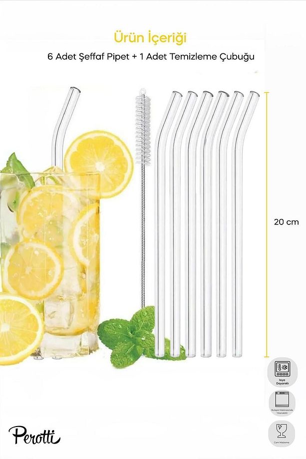 Straw 6'lı Şeffaf Cam Eğimli Isıya Dayanıklı (Borosilikat) Pipet Ve 1 Adet Pipet Temizleme Fırçası - 3
