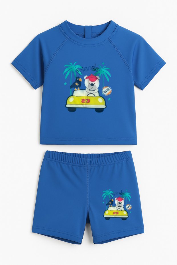 Unisex Short Sleeve Baby Quick Dry Water Repellent Car Patterned 2-Piece Swimsuit Set (6-12 Months / 4-5 Years)