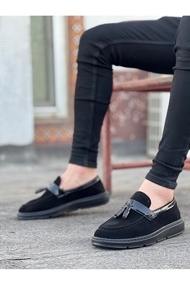 Laceless Tasseled Men's Shoes Black Suede (Black Sole)