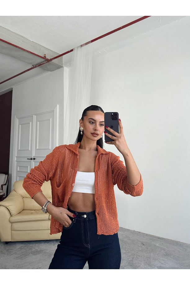Elena Triko Ajur Hırka Kiremit - 1