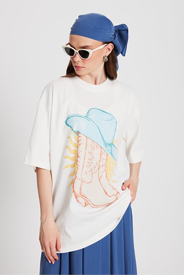 Women's Ecru Oversize Printed T-Shirt 29156