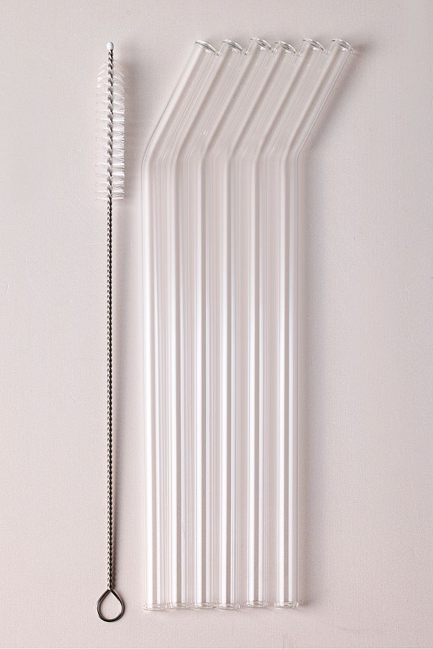 Straw 6'lı Şeffaf Cam Eğimli Isıya Dayanıklı (Borosilikat) Pipet Ve 1 Adet Pipet Temizleme Fırçası - 1