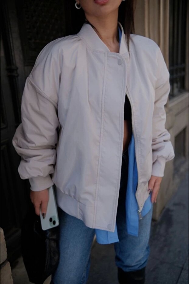 Bomber Jacket Coat with Pockets - White - 1
