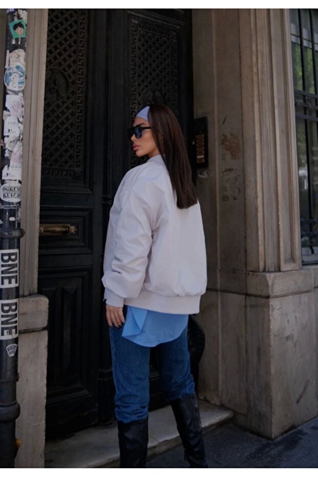 Bomber Jacket Coat with Pockets - White - 3