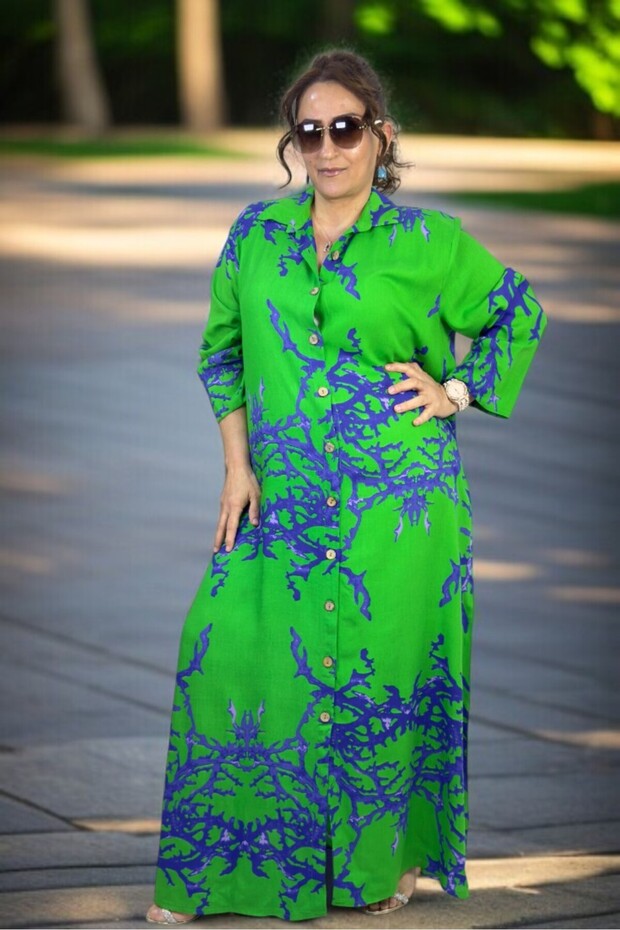 Front to Back Buttoned Pocketed Three Quarter Sleeve Extra Large Size Cotton Viscose Dress