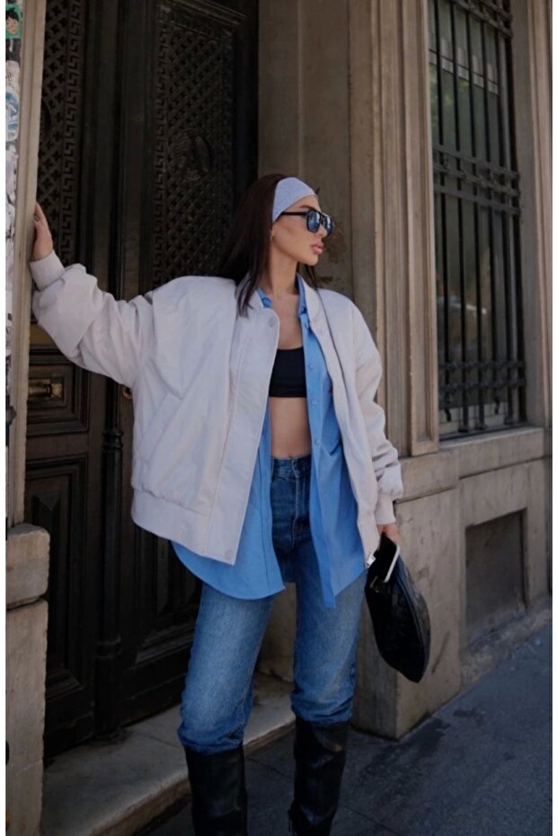 Bomber Jacket Coat with Pockets - White - 2