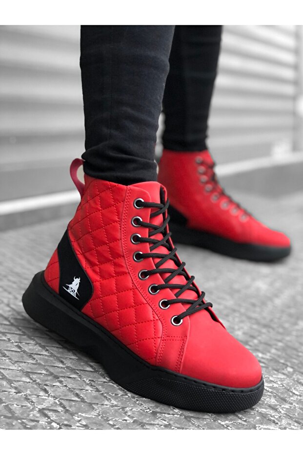 Lace-Up Quilted Men's Sports Boots Red (Black Sole)