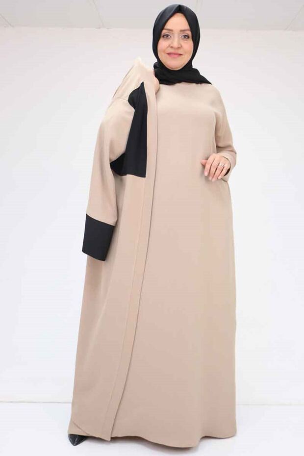 57206 Large Size Garni Detailed Etamin Dress Abaya - Black-Mink