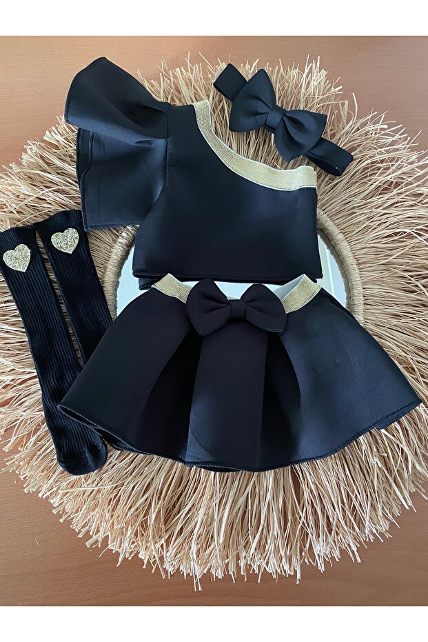 Girl's Ruffle Sleeve Black&Gold Skirt Suit