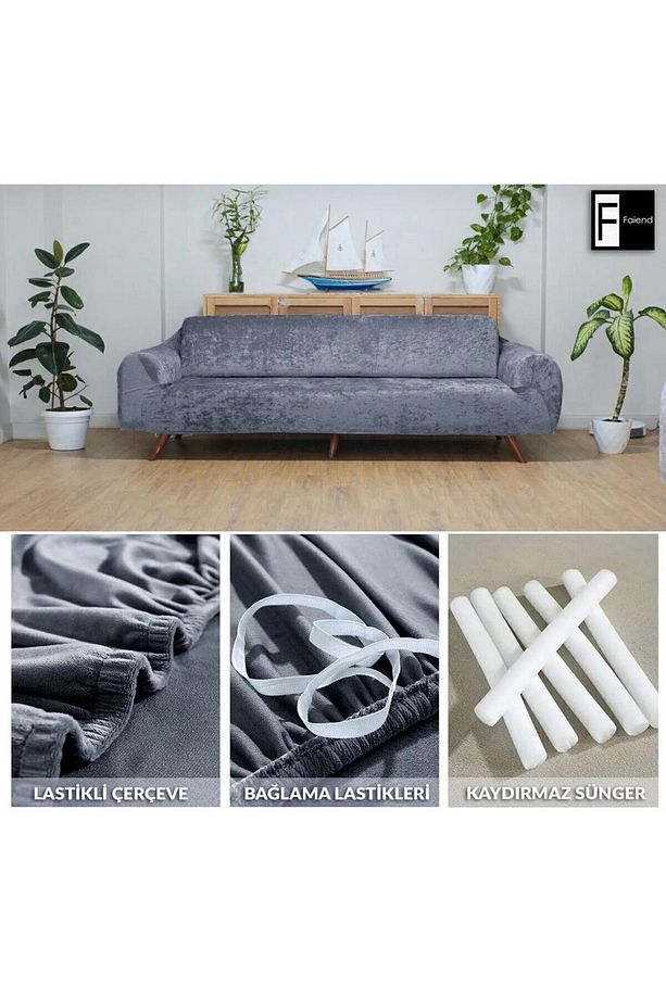 Geçirmeli Lastikli Kadife Koltuk Örtü Seti 3+3+1+1 - 3