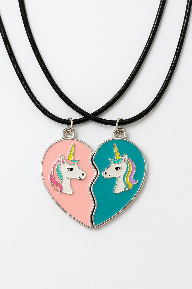 Mıknatıslı Gökkuşaklı Kalp Hello Kity Kuromi Unicorn Tasarımlı Mıknatıslı Çocuk Arkadaş Kolyesi - 1