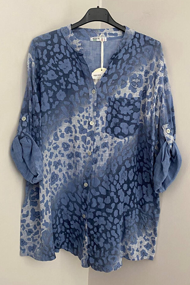Women's Italian Cappuccino Tie Dye Leopard Patterned Folding Orphan Sleeves 100% Cotton Shirt Blouse