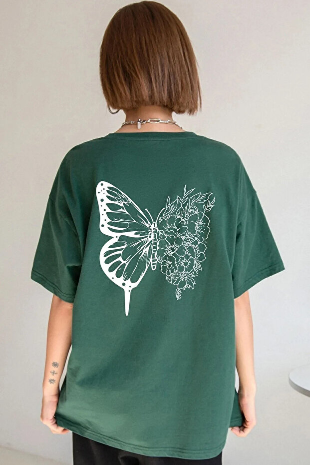 Unisex Butterfly Printed Relaxed Cut Green T-Shirt