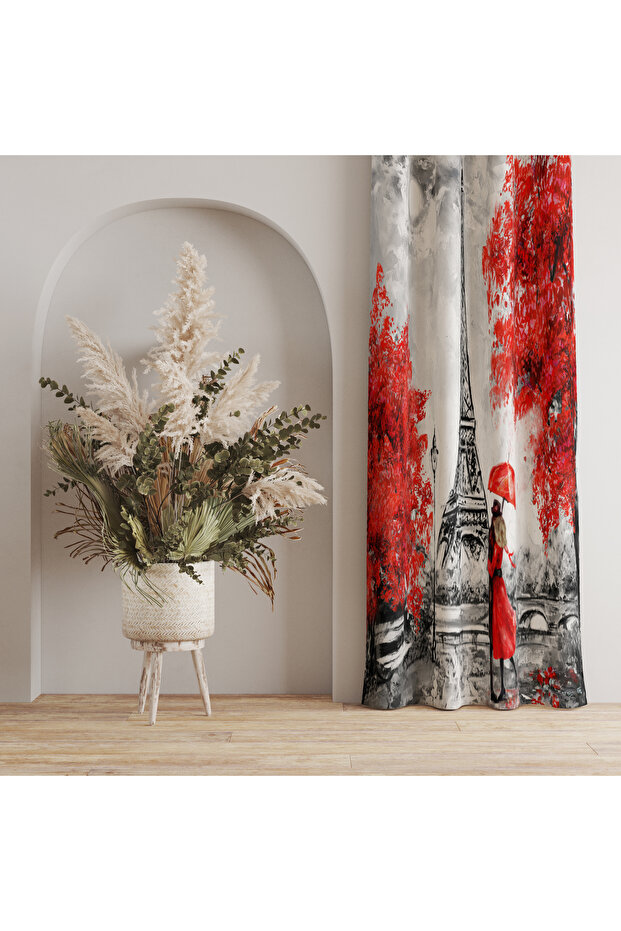 Romantic Paris Pattern Background Curtain – 140X260 cm Single Wing in Black, White & Red Shades