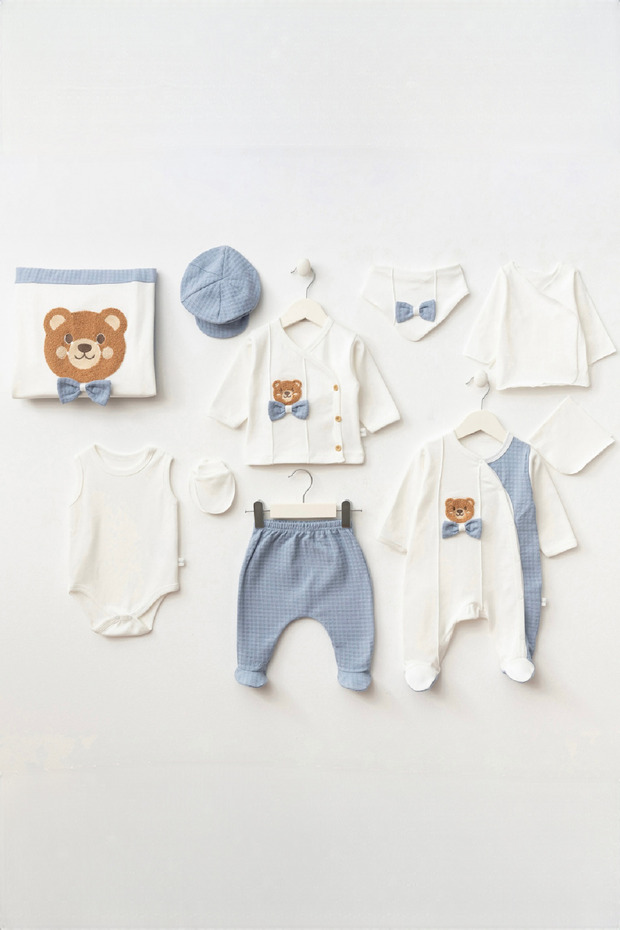 Süzene Teddy Bear Ribbed Baby Boy Newborn 10 Piece Hospital Outfit Set