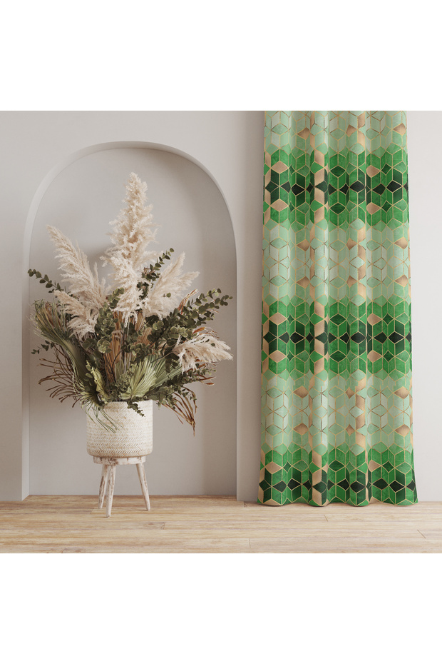 Green and Beige Geometric Patterned Background Curtain - Modern & Stylish Decoration 140x260 CM Single Wing