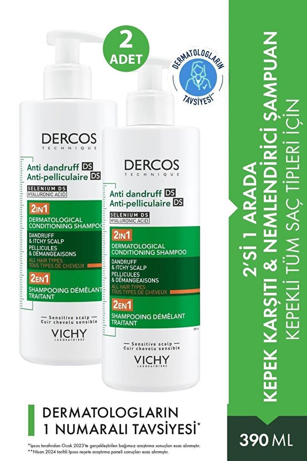 Dercos 2’si 1 Arada Kepek Karşıtı & Nemlendirici Şampuan 390ml 2 Adet - 1