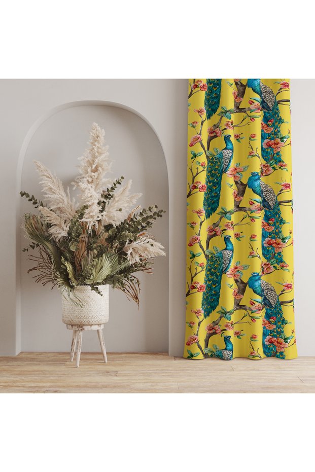 Peacocks and Flowers Curtain on Yellow – Stylish and Roomy Style 140X260 cm Single Wing