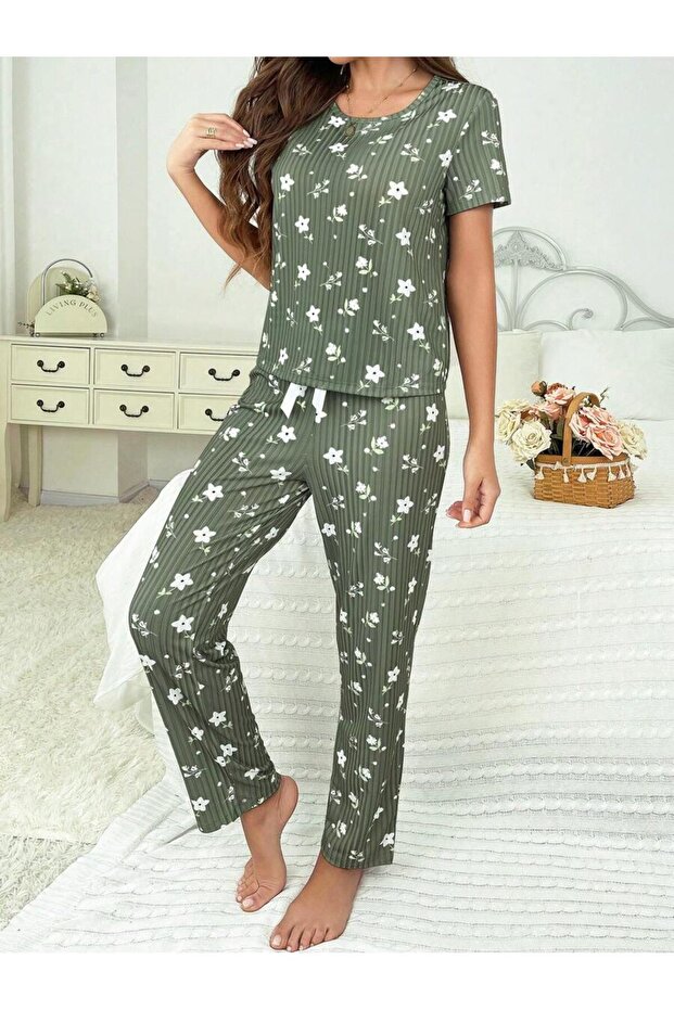 Minimal gemustertes, geripptes Blumen-Pyjama-Set - 6
