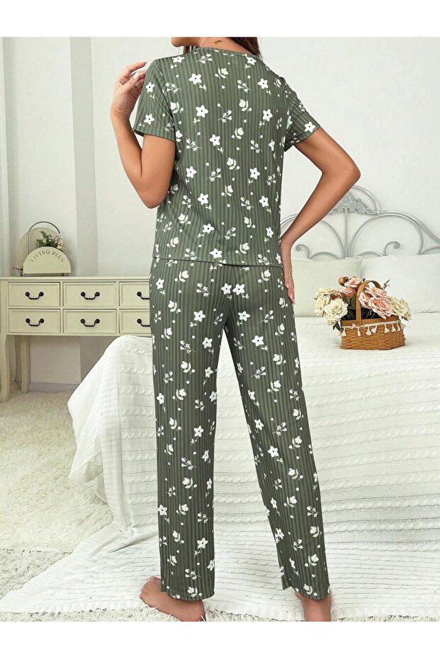 Minimal gemustertes, geripptes Blumen-Pyjama-Set - 3