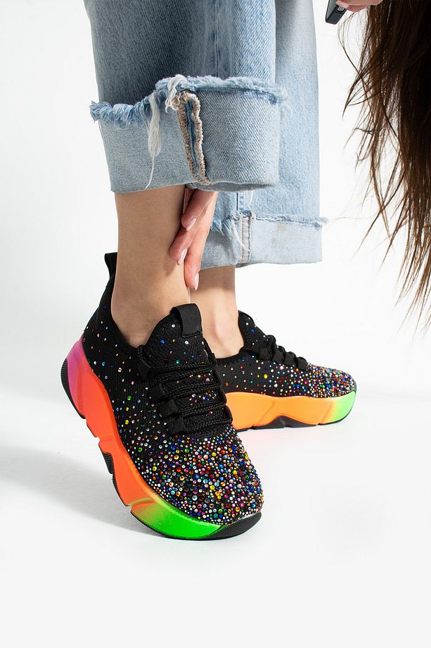Günlük Siyah-multi Taş DetaylıKadın Sneaker Bağcıklı Triko Esnek Hafif Yürüyüş Spor Ayakkabı - 4