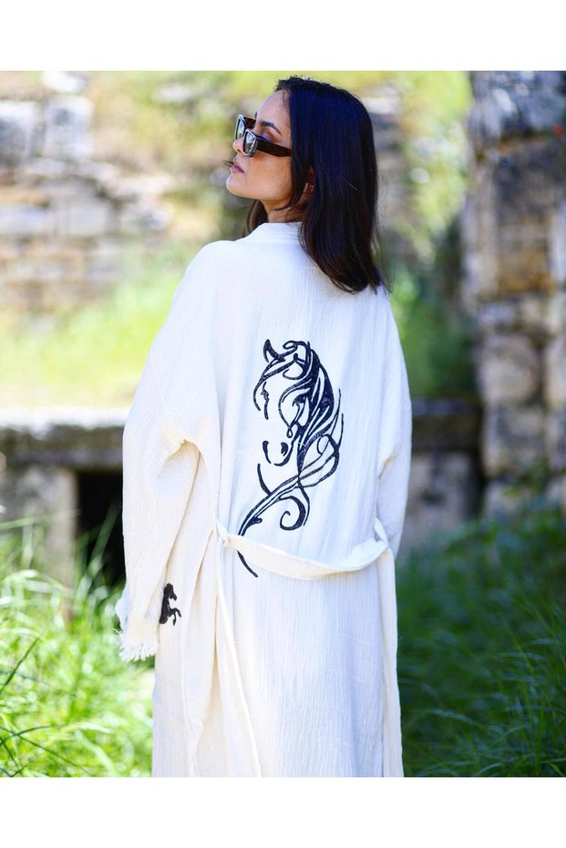 Muslin Kimono 100% Cotton Horse Printed Patterned Bathrobe Kaftan Dressing Gown