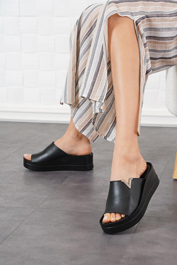 Nessef Buckle Thick Sole Wedge Heeled Genuine Leather Women's Slippers Black Skin