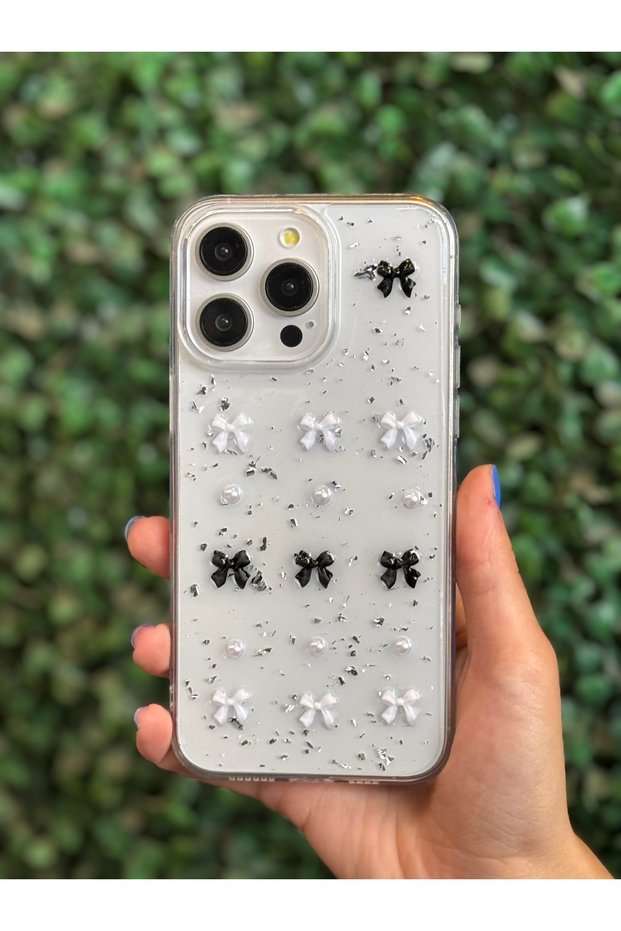 iPhone 16 Compatible Glittery Black and White Ribbon Figure Transparent Phone Case
