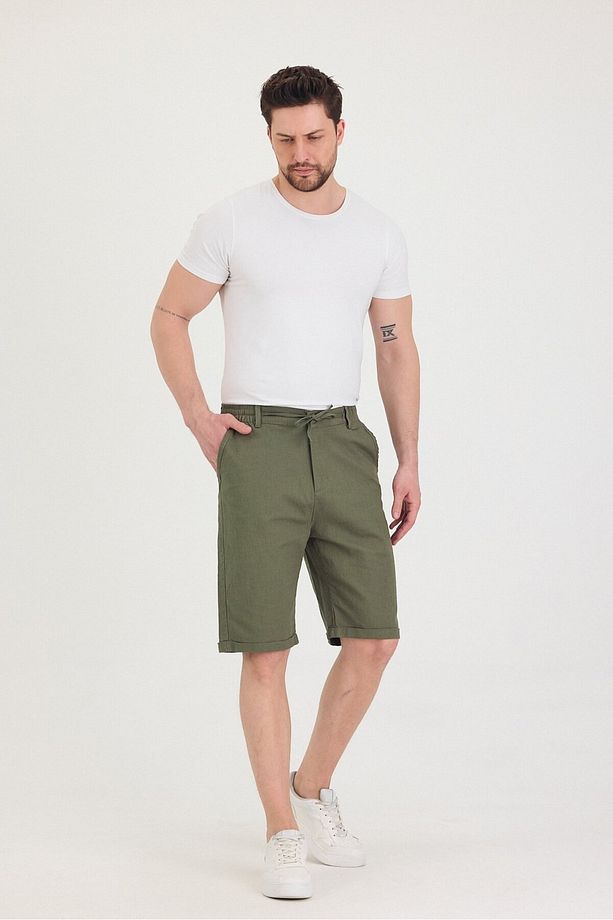 Erkek Slim Fit Keten Chino Şort - 6
