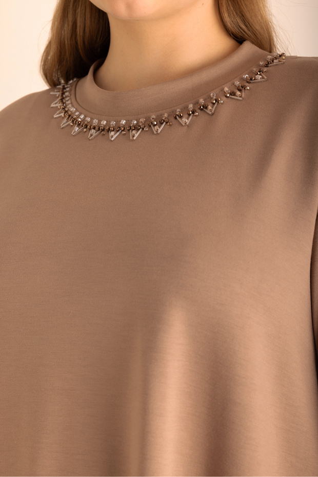 Yakası İşlemeli Örme Kısa Kollu Bluz - 3