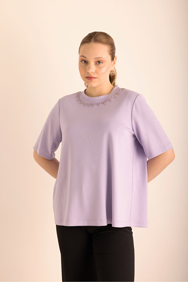 Yakası İşlemeli Örme Kısa Kollu Bluz - 2