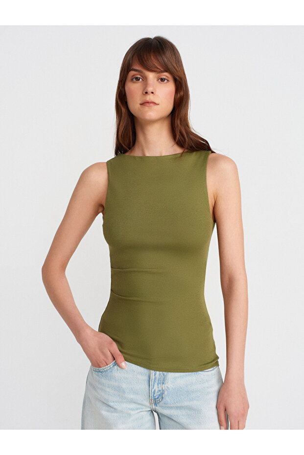 21061 Asymmetrical Draped Sleeveless Ball-Light Khaki