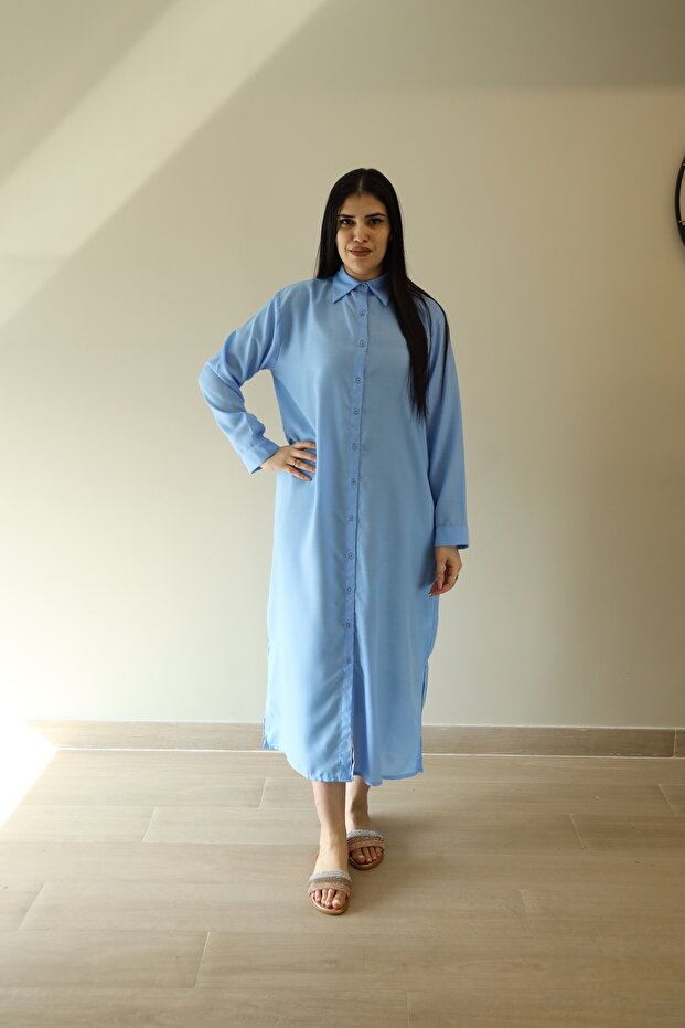 Casual Dress – Button-Down Shirt Maxi Dress with Collar Neck and Full Sleeves
