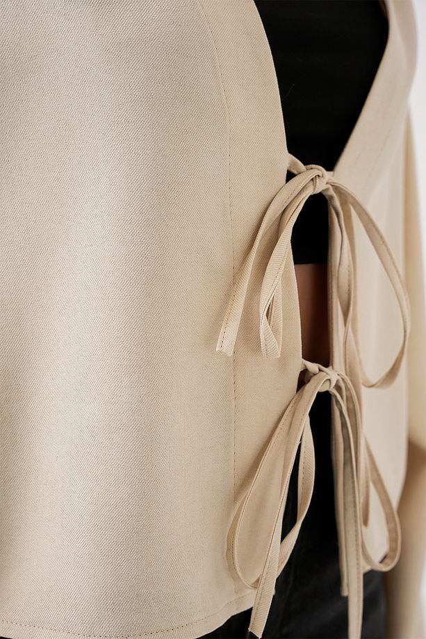 Önü Bağlamalı Keten Kimono 960 - Krem - 5