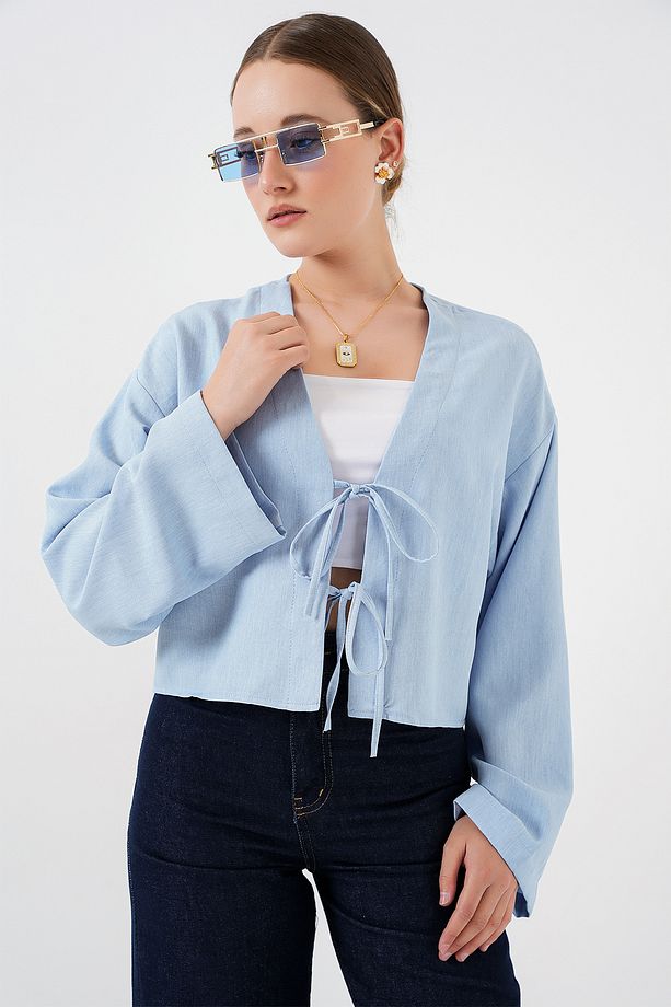 Önü Bağlamalı Keten Kimono 960 - Mavi - 4