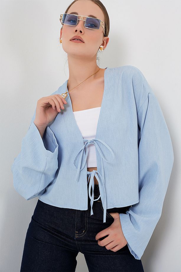 Önü Bağlamalı Keten Kimono 960 - Mavi - 3
