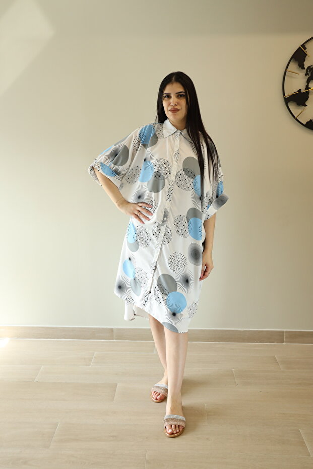 Printed Short Shirt High-Low Dress with Short Sleeves and Collar Neck