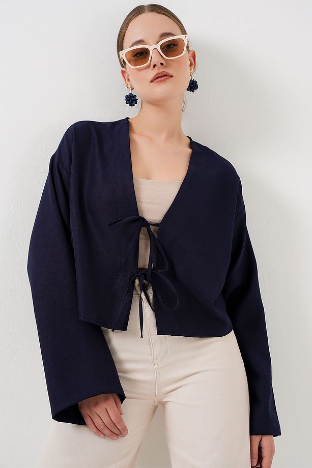 Önü Bağlamalı Keten Kimono 960 - Lacivert - 1