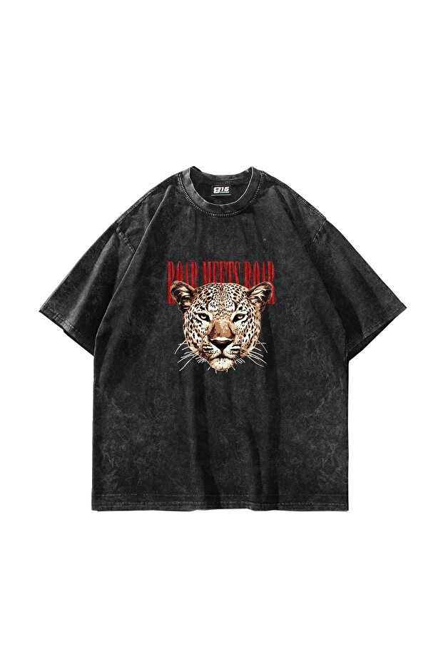 Roar Meets Printed Oversize Unisex Washable Black Tshirt
