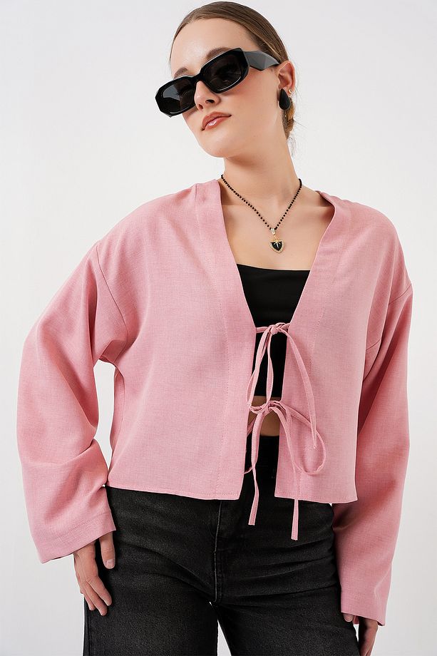 Önü Bağlamalı Keten Kimono 960 - Pudra - 3