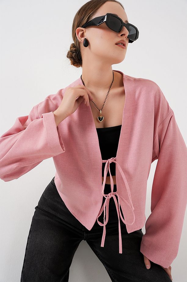 Önü Bağlamalı Keten Kimono 960 - Pudra - 4