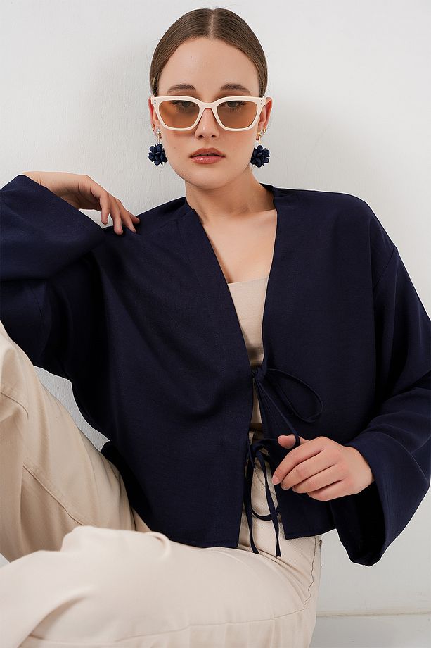 Önü Bağlamalı Keten Kimono 960 - Lacivert - 4