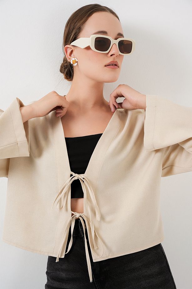 Önü Bağlamalı Keten Kimono 960 - Krem - 3