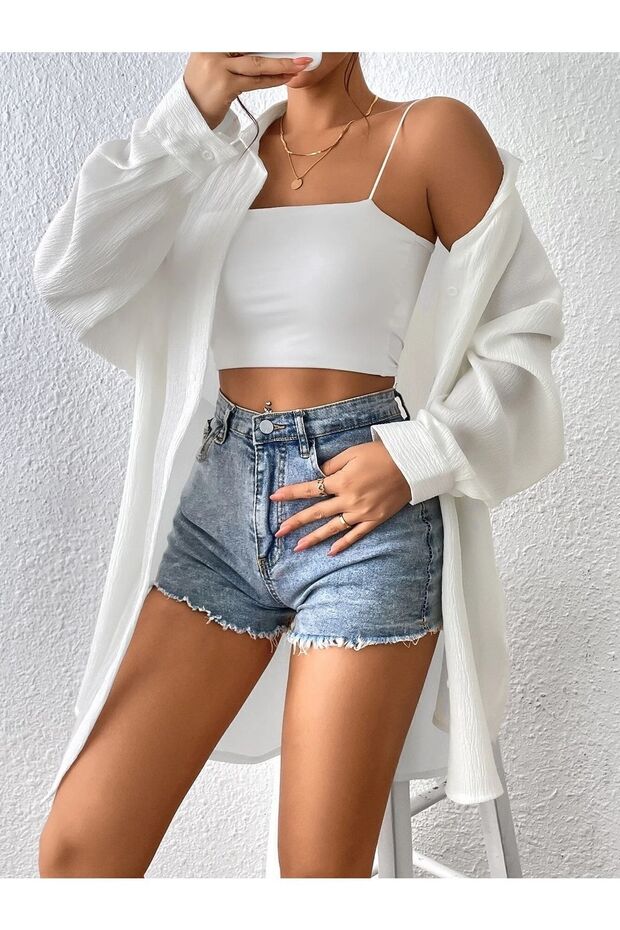 Kadın Beyaz Oversize Uzun Gömlek - 3